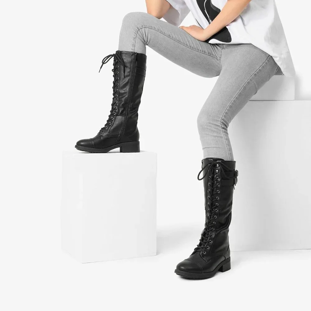 Women's Polyurethane Pu Georgia-Black Double buckle Knee High Riding Combat Boot